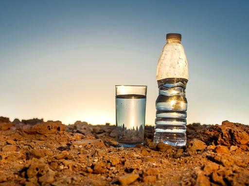 Eine Flasche Wasser und ein Glas stehen in einer Steinwüste. 