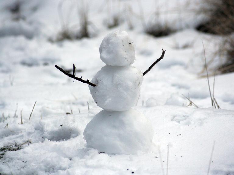 Ein kleiner Schneemann mit drei Kugeln und zwei Ästen als Arme steht in weißer Landschaft.