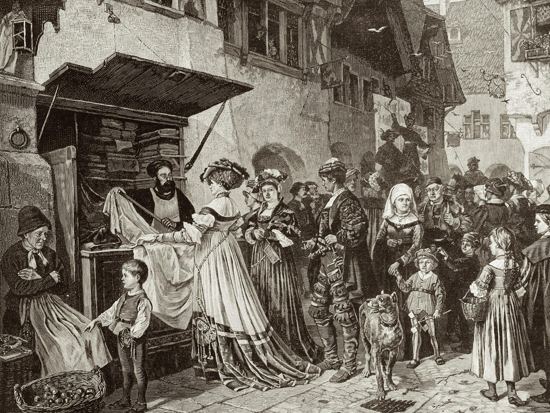 Illustration einer Szene mittelalterlichen Alltags mit städtischem Leben und Menschen, die am Stand eines Tuchhändlers anstehen.