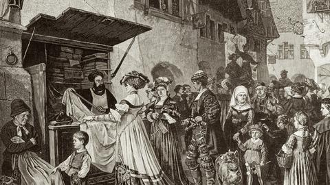Illustration einer Szene mittelalterlichen Alltags mit städtischem Leben und Menschen, die am Stand eines Tuchhändlers anstehen.