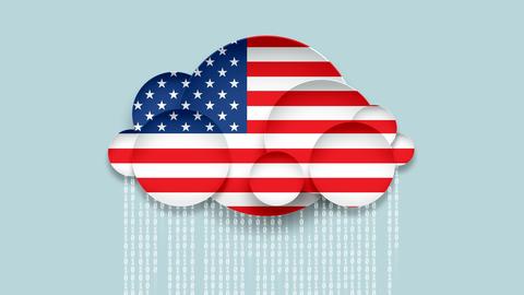 Illustration einer Wolke in den Farben der amerikanischen Flagge aus der Daten herausregnen vor grau-blauem Hintergrund.