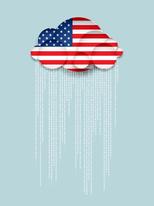 Illustration einer Wolke in den Farben der amerikanischen Flagge aus der Daten herausregnen vor grau-blauem Hintergrund.