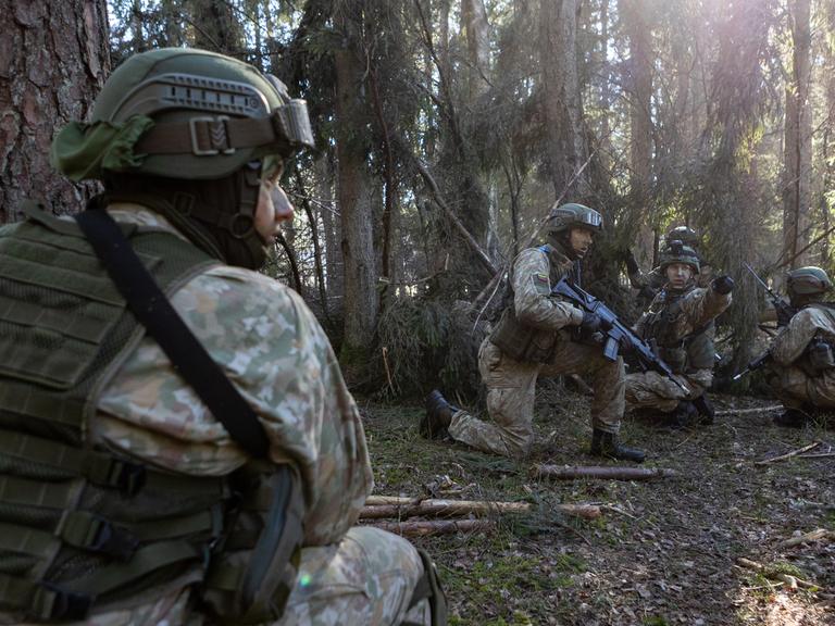 Bewaffnete Soldaten knien bei einem militärischen Übung in einem Waldstück, um Deckung zu nehmen.
