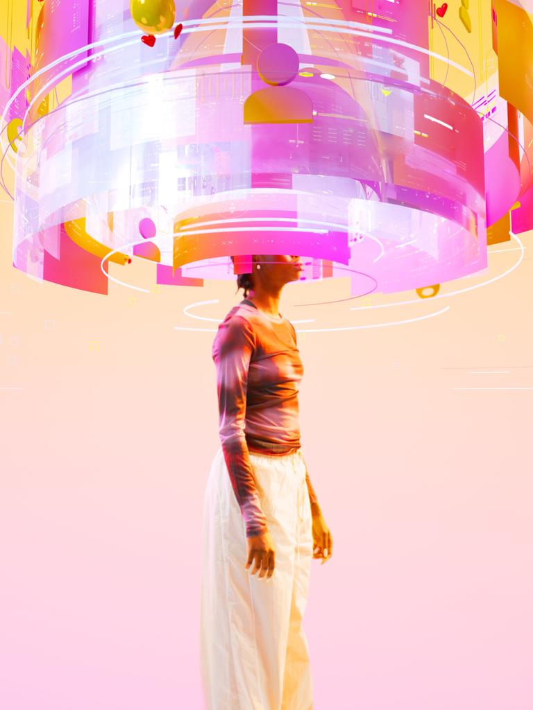 Bild einer Frau, deren Kopf in einem bunten Strudel aus Bildschirmen und Datenanzeigen verschwindet.