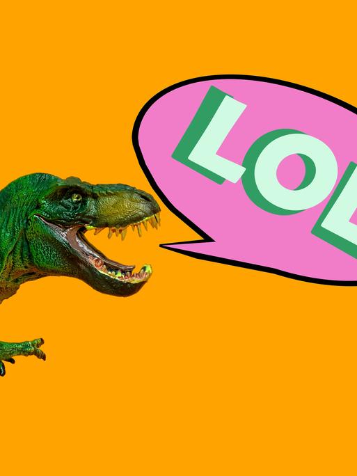 Collage eines grünen Dinosauriers vor gelbem Hintergrund. Aus dem Maul des Dinosauriers kommt eine Sprechblase in der LOL steht.