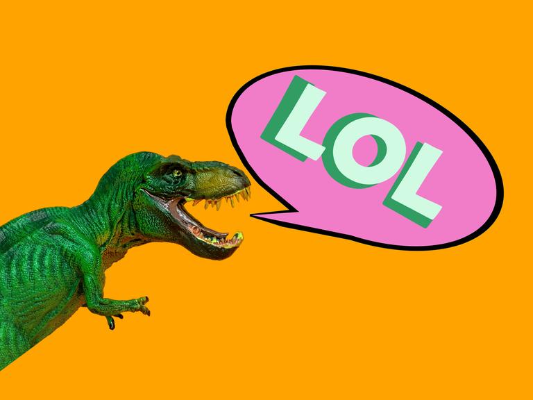 Collage eines grünen Dinosauriers vor gelbem Hintergrund. Aus dem Maul des Dinosauriers kommt eine Sprechblase in der LOL steht.