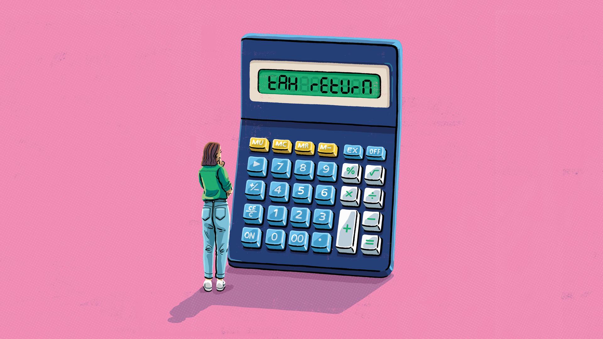 Illustration: Eine Frau steht vor einem übergroßen Taschenrechner, auf dem Display steht 'Tax Return'.