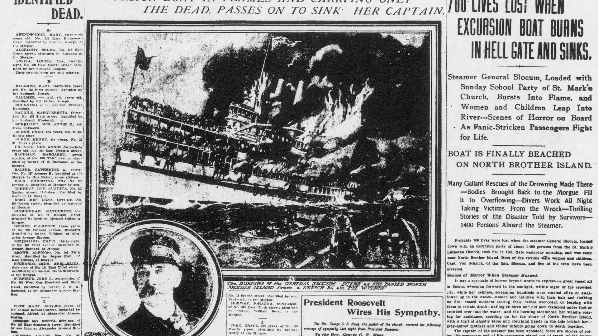 Die New Yorker Zeitung "The World" berichtete am 16. Juni 1904 von dem Schiffsunglück des Ausflugsdampfers "General Slocum".