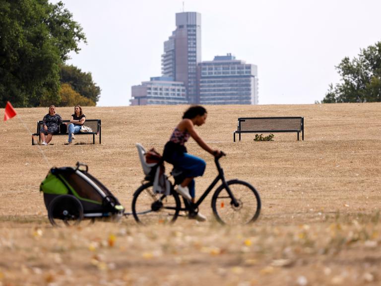 Eine Frau fährt mit ihrem Fahrrad durch einen Park, dessen Gras braun geworden ist. In Köln hat der trockene Hitze-Sommer 2022 besonders viele Grünanlagen verdorren lassen. Bäume verlieren bereits ihre Blätter im Sommer, Wiesenflächen sind ausgedorrt.