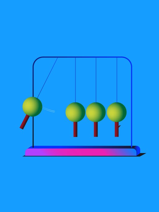 Illustration eines Kugelstoßpendel, dessen einzelne Pendel aus nach unten hängenden Bäumen besteht.
 Illustration eines Kugelstoßpendel, dessen einzelne Pendel aus nach unten hängenden Bäumen besteht.