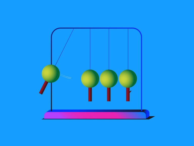 Illustration eines Kugelstoßpendel, dessen einzelne Pendel aus nach unten hängenden Bäumen besteht.
 Illustration eines Kugelstoßpendel, dessen einzelne Pendel aus nach unten hängenden Bäumen besteht.