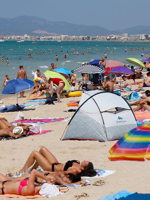 Touristen sonnen sich am Strand von El Arenal auf der Balearen-Insel Mallorca. 