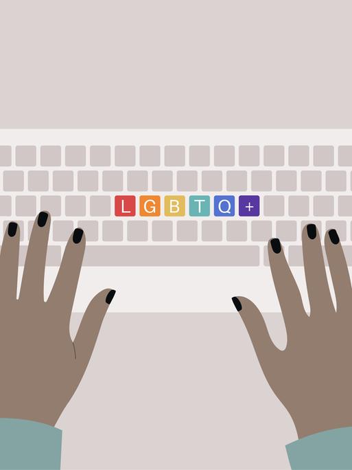 Illustration: Hände tippen auf einem Computerkeyboard, regenbogenfarbene LGBTQ+ Tasten stehen in der Mitte.