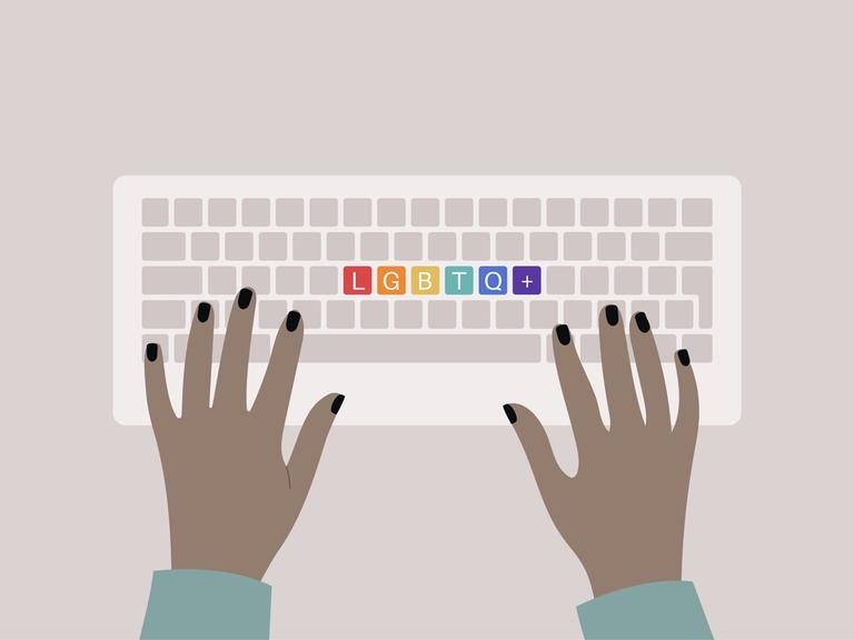 Illustration: Hände tippen auf einem Computerkeyboard, regenbogenfarbene LGBTQ+ Tasten stehen in der Mitte.