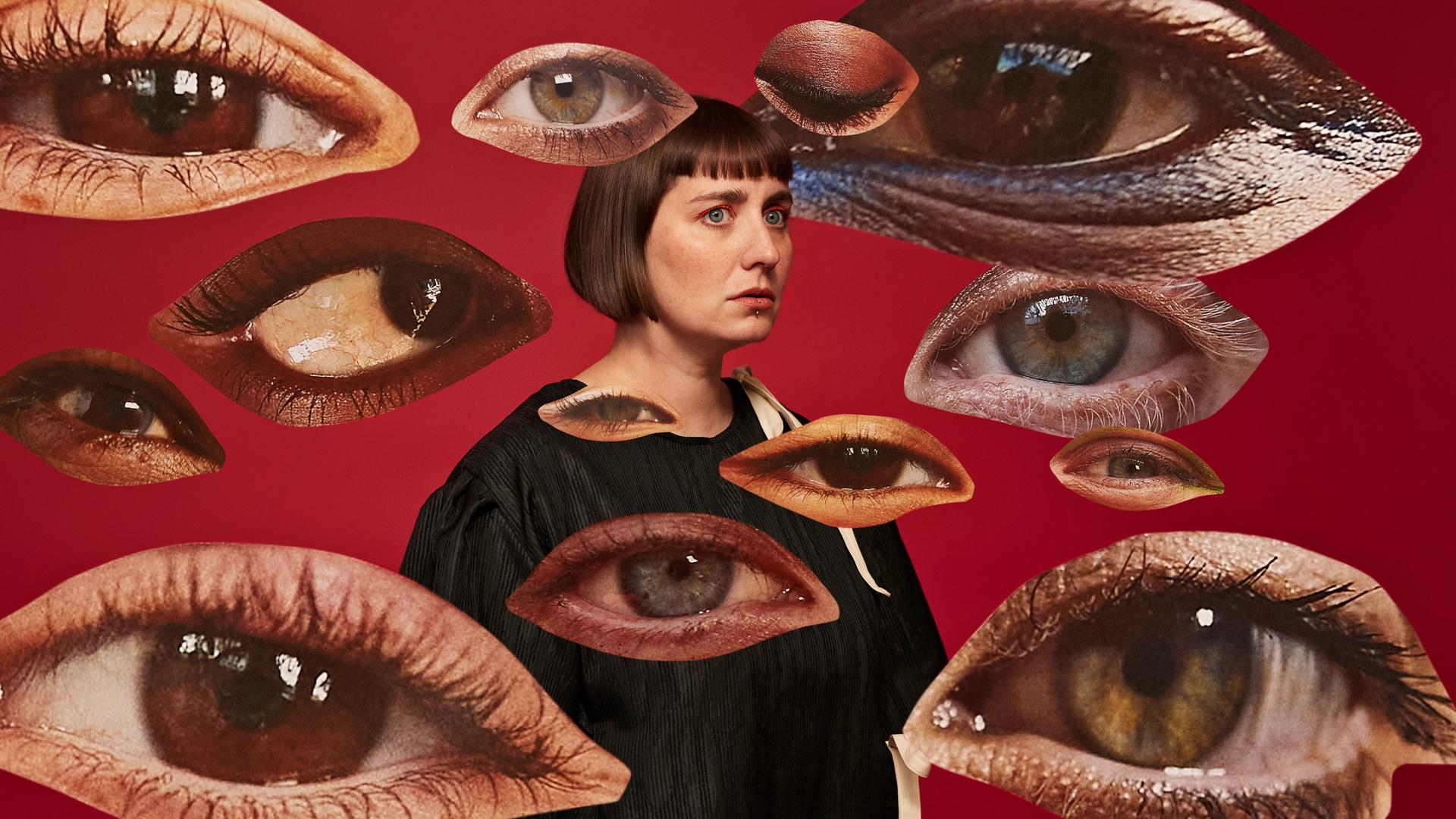 Illustration: Eine besorgt schauende Frau von einem Schwarm Augen umgeben.