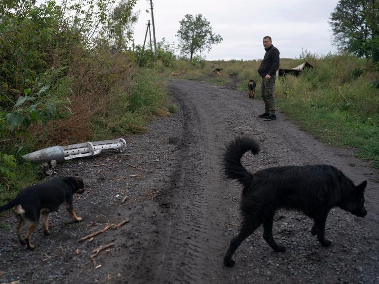 Auf einem ukrainischen Feldweg liegt eine leere Streubombe. Ein Mann führt ungerührt seine vier Hunde aus.