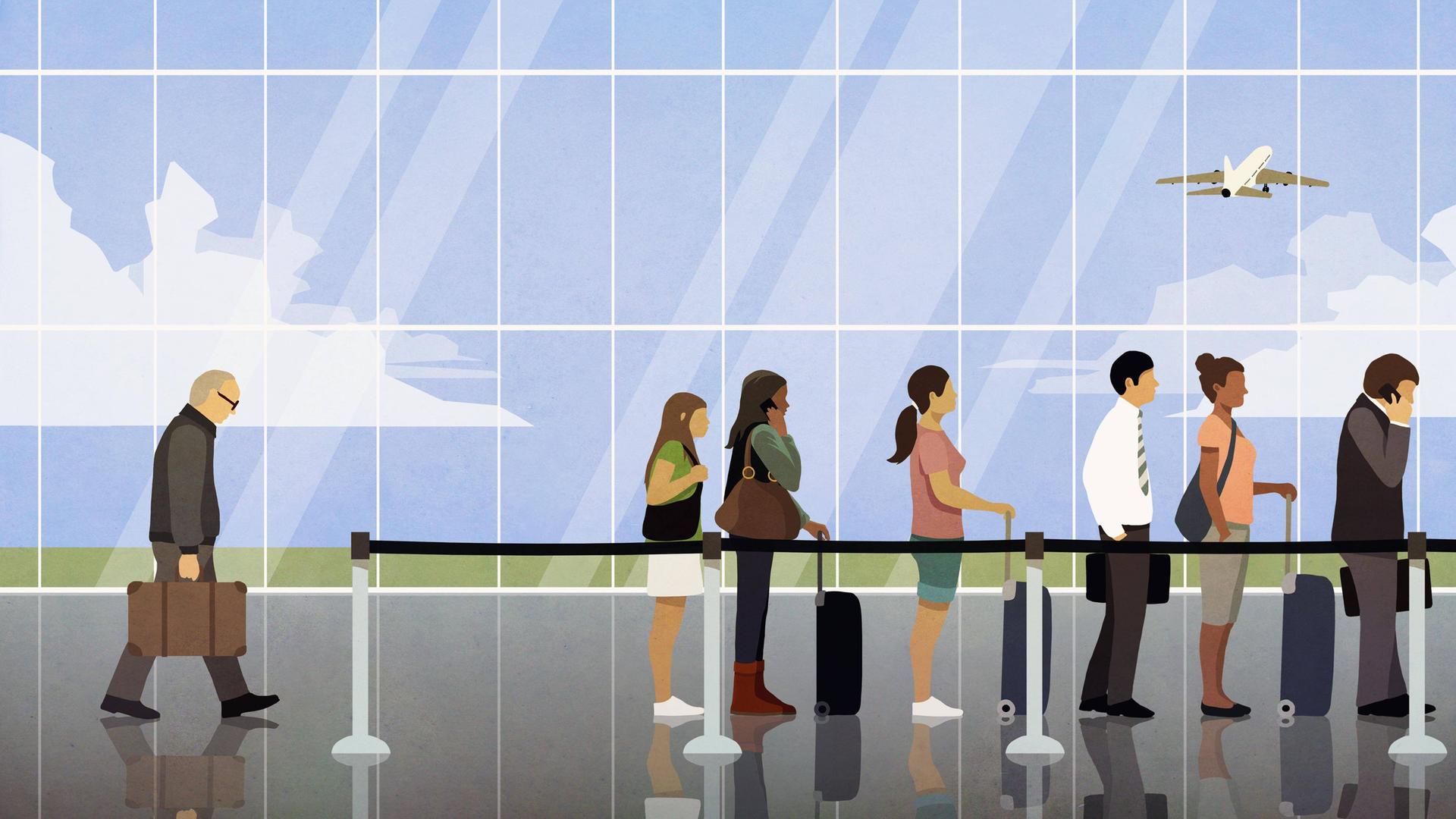 Illustration: Viele Fluggäste in einer Warteschlange bei der Flughafenkontrolle.