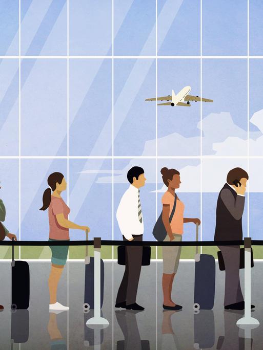 Illustration: Viele Fluggäste in einer Warteschlange bei der Flughafenkontrolle.
