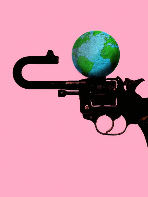 Illustration: Gebogener Lauf einer auf den Globus gerichteten Waffe 