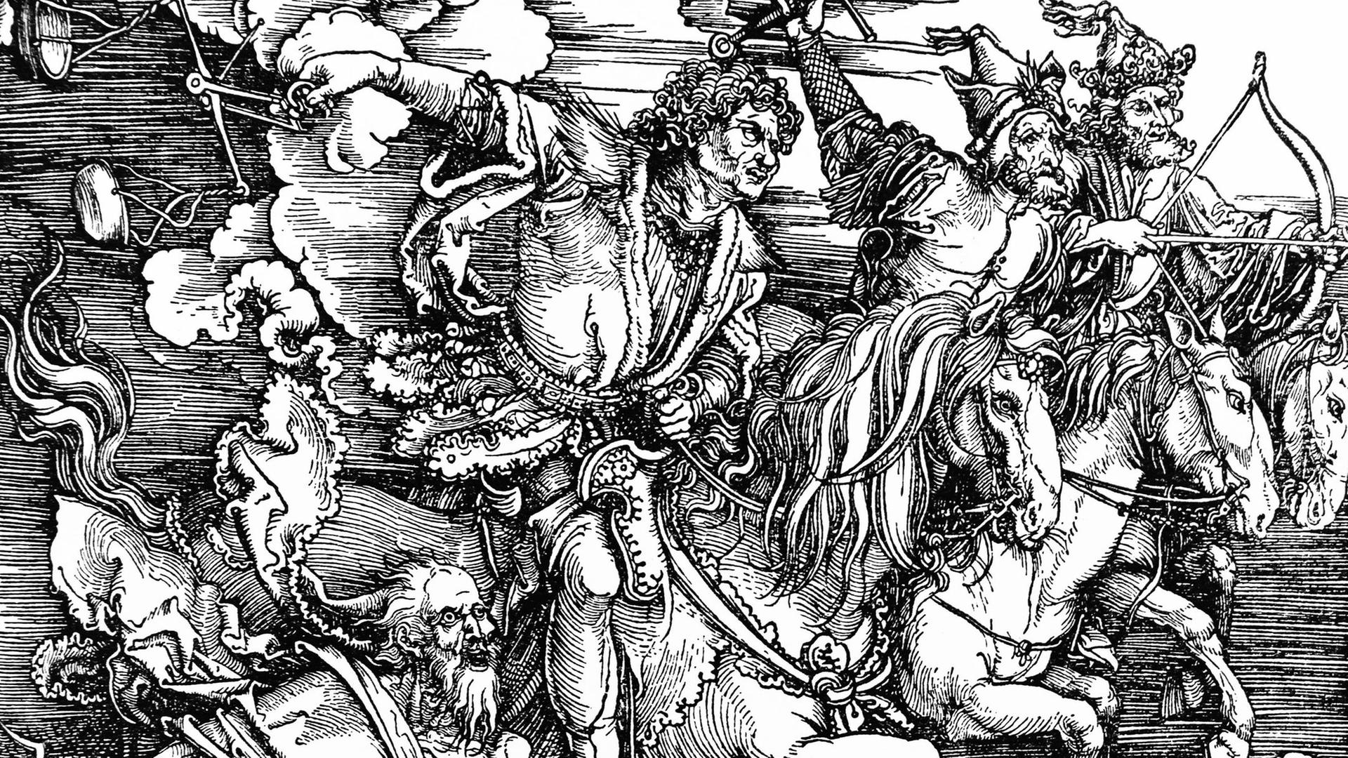 Die vier "apokalyptischen Reiter" in einem Holzschnitt von Dürer aus der Zeit um 1500 bringen Hunger, Tod und Verderben über die Menschen.