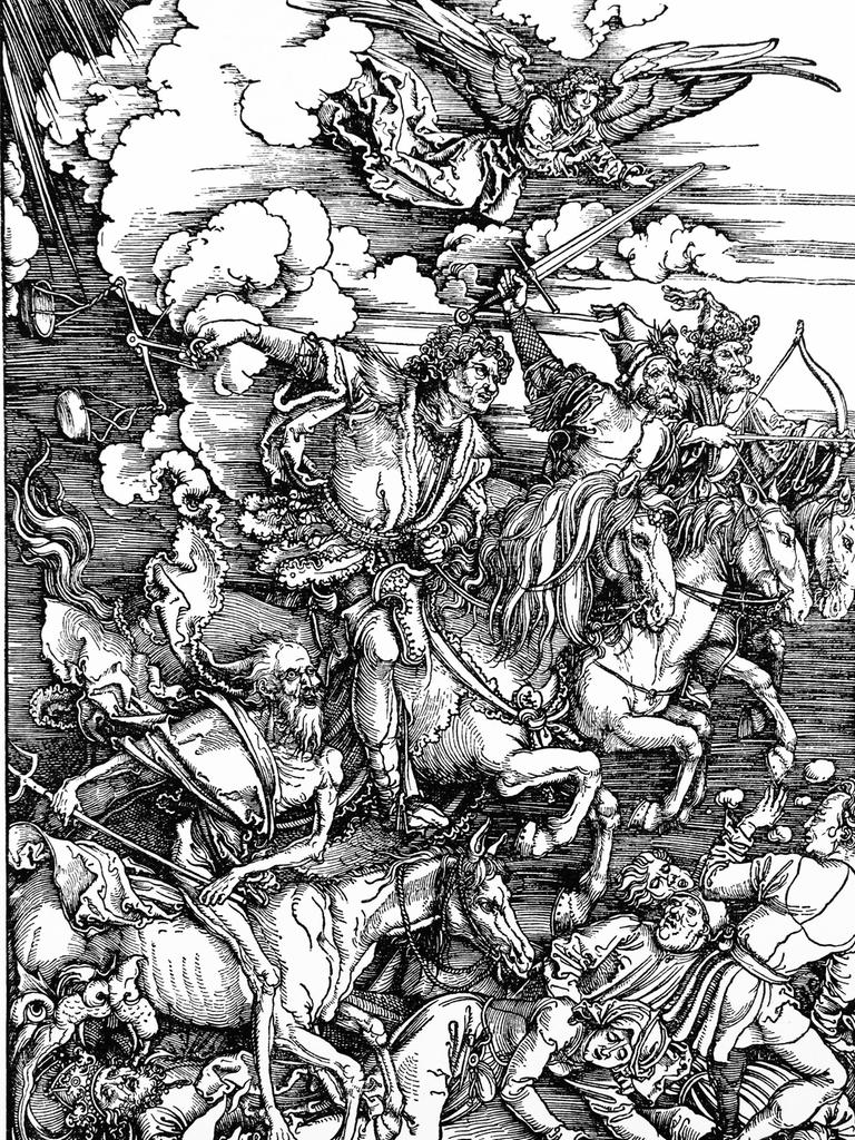 Die vier "apokalyptischen Reiter" in einem Holzschnitt von Dürer aus der Zeit um 1500 bringen Hunger, Tod und Verderben über die Menschen.