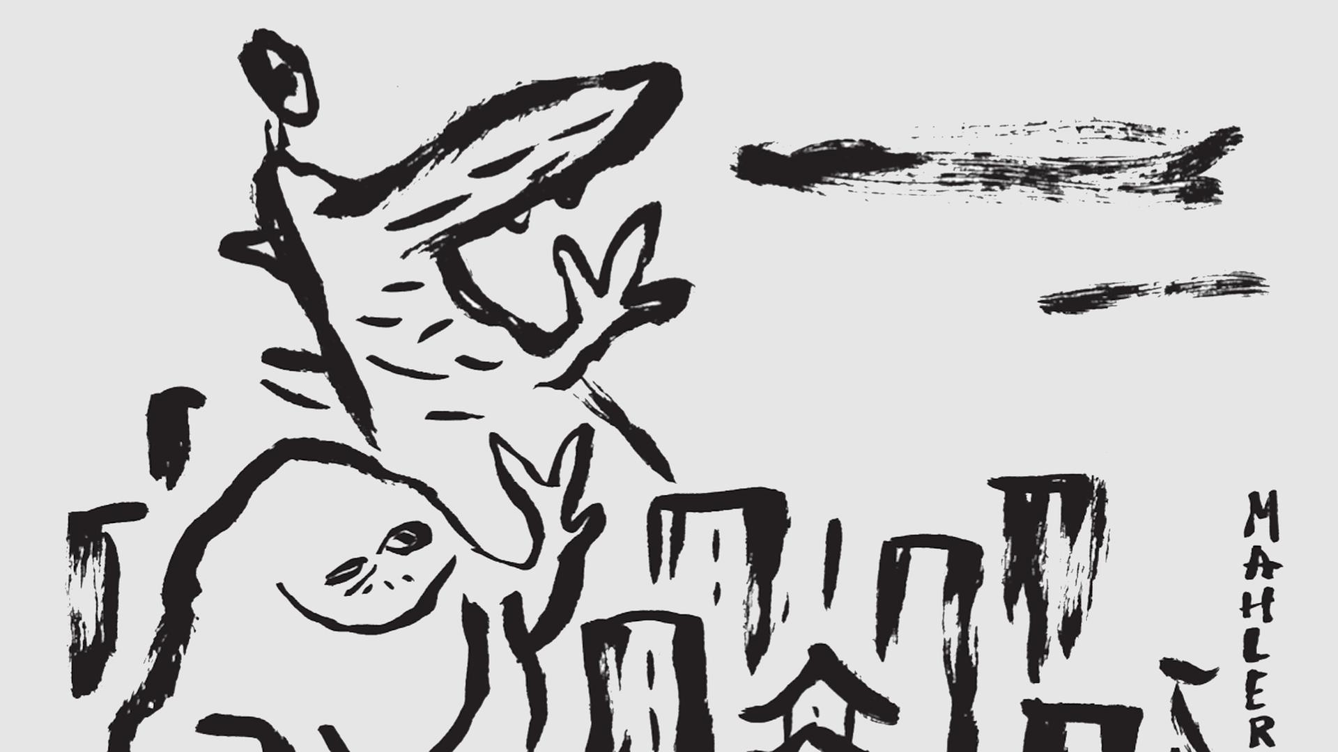 Die Zeichnung aus dem Comic zeigt einen Frosch und Godzilla zwischen den Hochhäusern von Tokio, gezeichnet in dicken schwarzen Tuschestrichen.