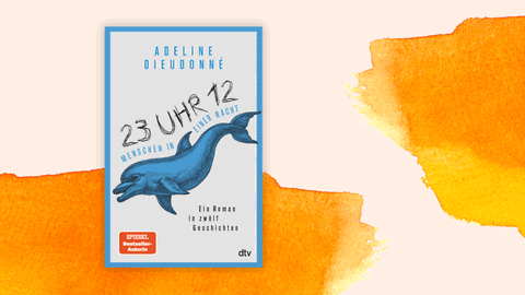 Cover des Buchs "23 Uhr 12 - Menschen in einer Nacht" von Adeline Dieudonné vor orangefarbenem Hintergrund.