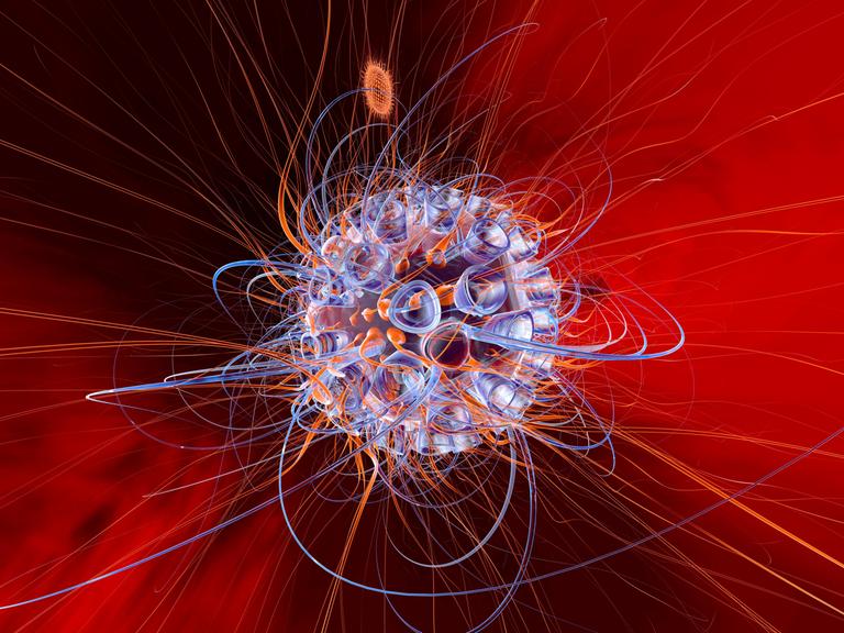 Grafik zu einem HI-Virus: Eine runde Zelle ist von Viren umgeben 