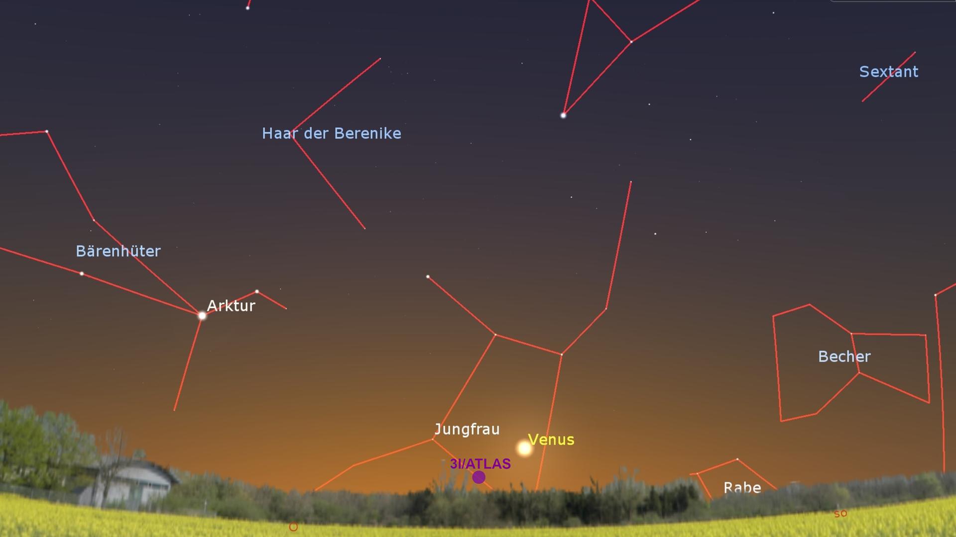 Eine Sternkarte zeigt den Kometen ATLAS über dem Südosthorizont neben der Venus. Eine Sternkarte zeigt den Kometen ATLAS über dem Südosthorizont neben der Venus.