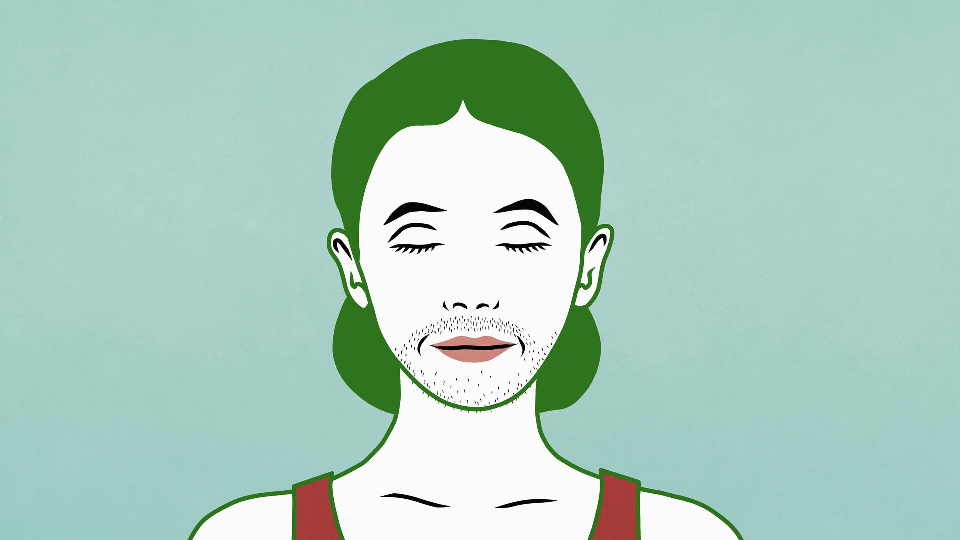 Illustration von einer nonbinären Transgender Person mit grünen Haaren. 