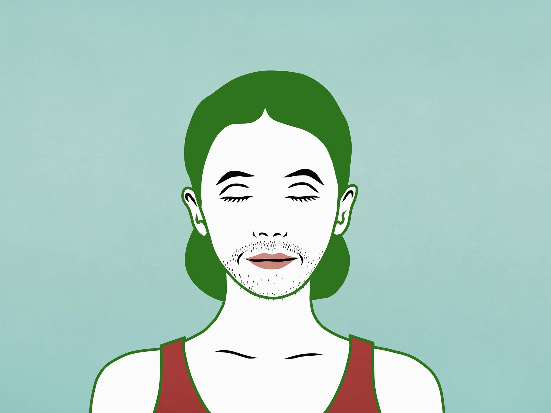 Illustration von einer nonbinären Transgender Person mit grünen Haaren. 