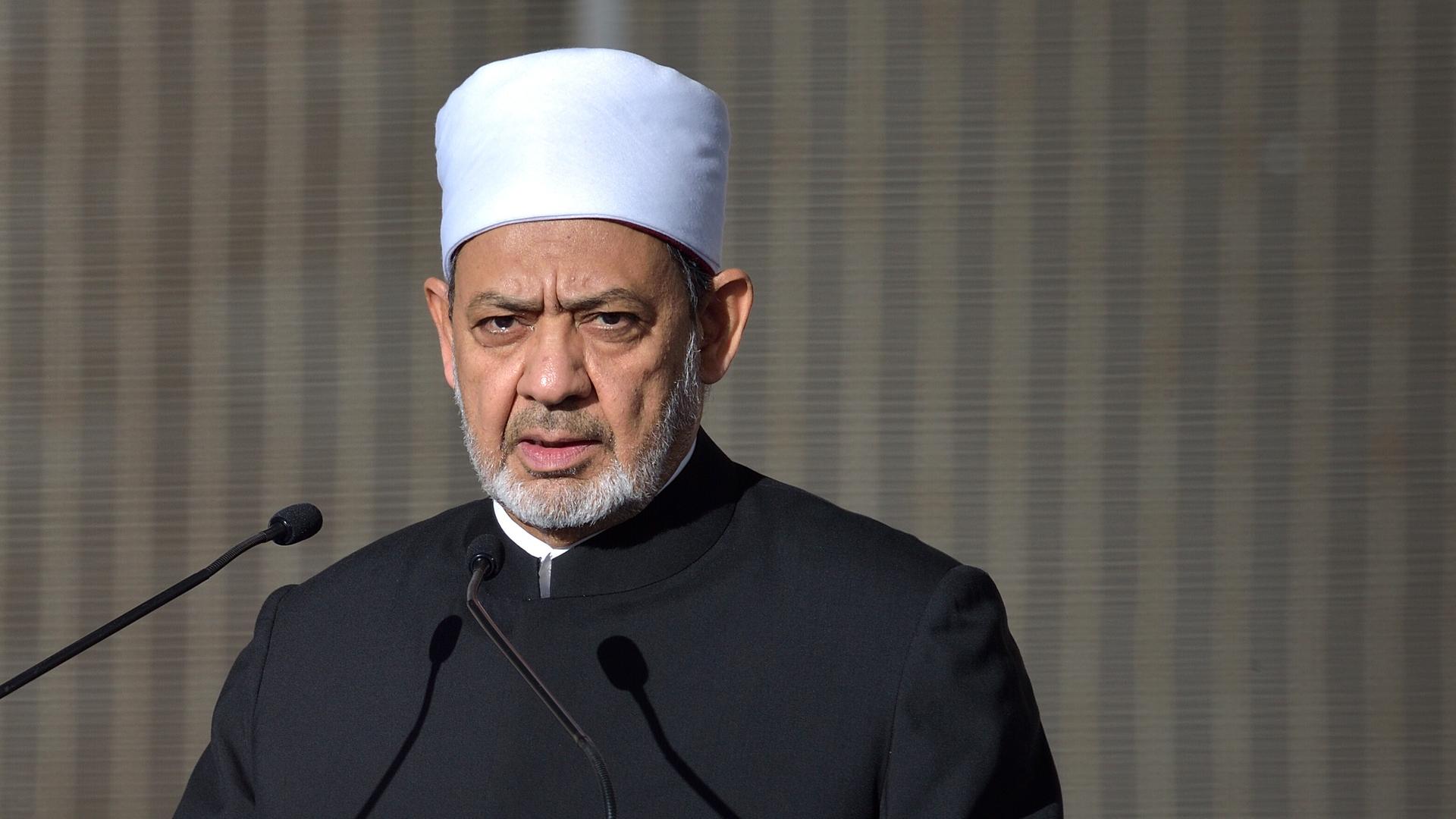 Der Groß-Imam Ahmed Al-Tayeb steht vor Mikrofonen. Der Groß-Imam Ahmed Al-Tayeb steht vor Mikrofonen.