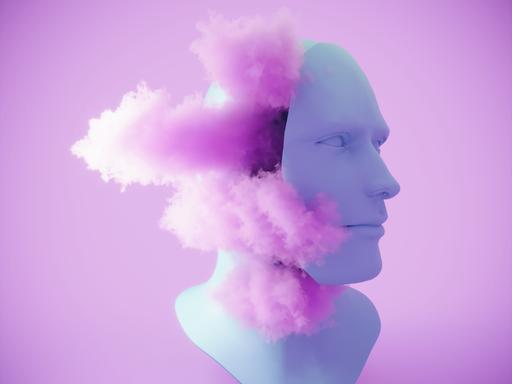 3D Rendering eines Kopfes aus dem rosa Wolken herausquellen. 