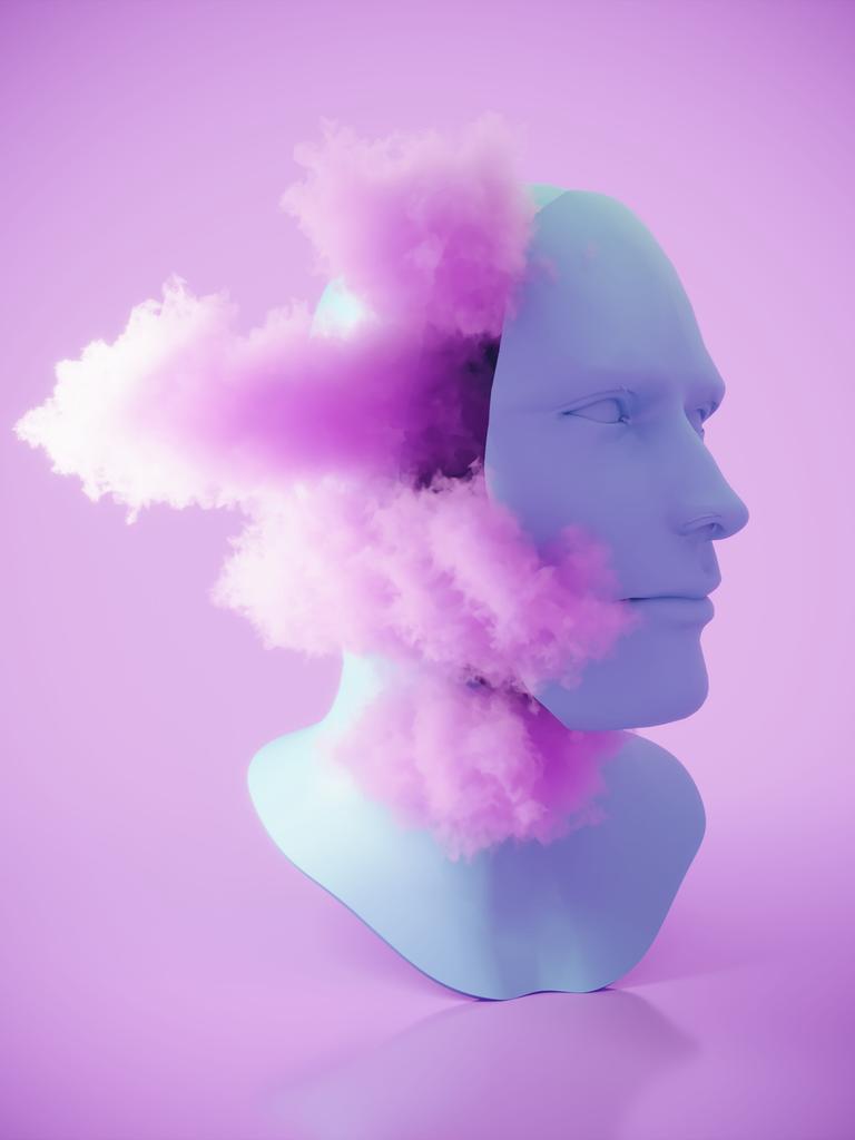 3D Rendering eines Kopfes aus dem rosa Wolken herausquellen. 