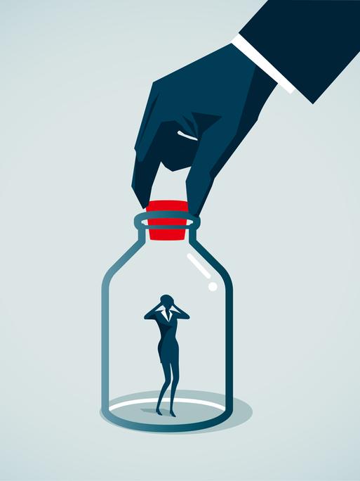 Illustration zeigt eine kleine weiblich zu lesende Figur in einem Glas. Darüber eine überdimensionierte männliche Hand die einen Verschuss drauf setzt