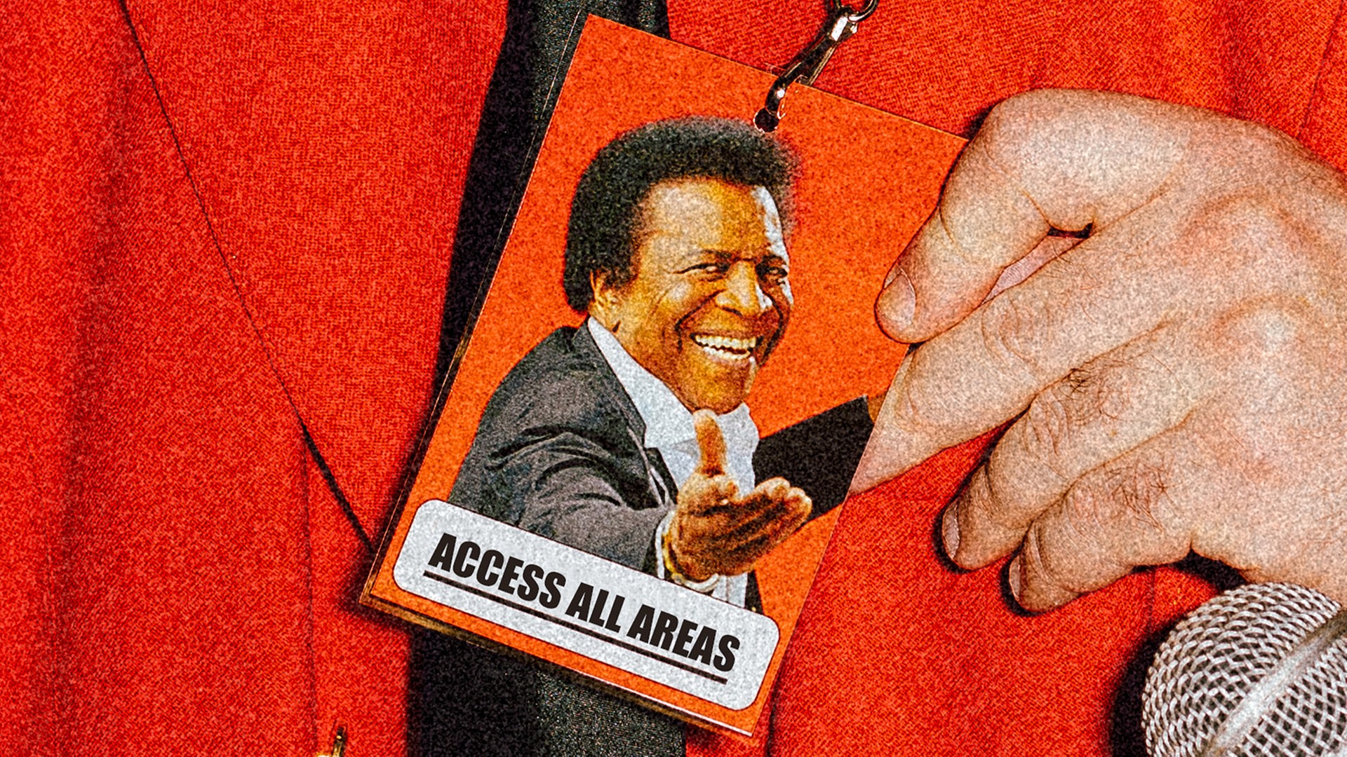 Die Grafik zeigt ein Bild von Roberto Blanco auf einer Akkreditierungskarte, die Zugang zu allen Bereichen gewährt. Diese wird von jemandem getragen und vorgezeigt, der ein rotes Jacket trägt - das Gesicht desjenigen sieht man nicht. 