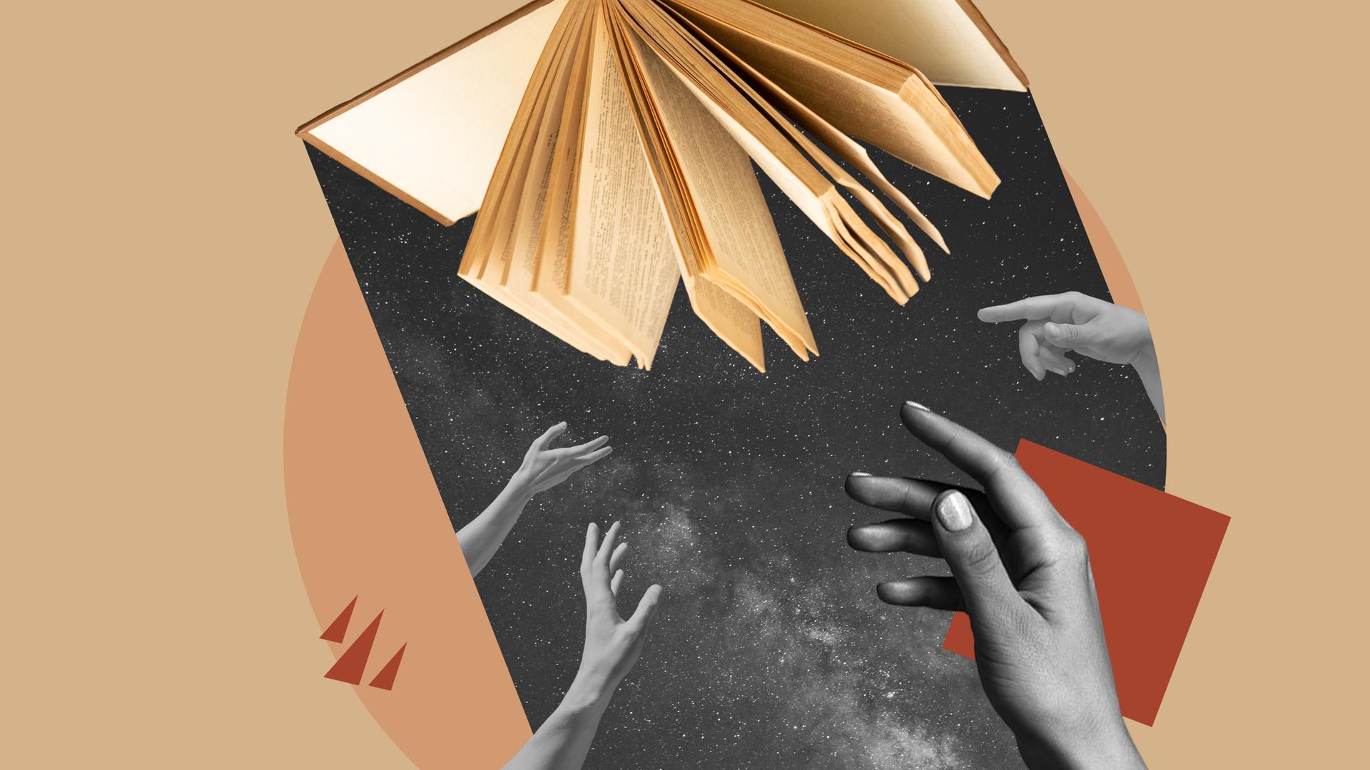 Collage von Händen, die nach einem Buch greifen.