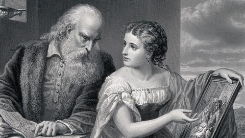 Kupferstich eines bärtigen Mannes, der auf eine junge Frau herabschaut. Sie stehen sinnbildlich für Philsophie und Kunst.  