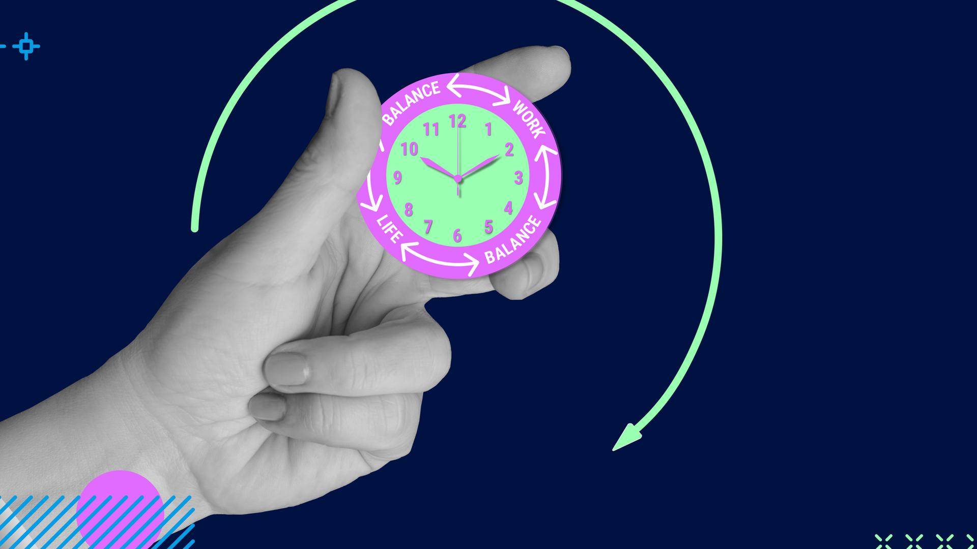 Grafik einer Hand, die eine Uhr hält. Darauf stehen Schlagworte wie "Work", "Life" und "Balance"