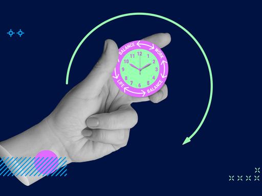 Grafik einer Hand, die eine Uhr hält. Darauf stehen Schlagworte wie "Work", "Life" und "Balance"