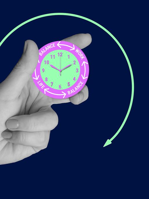 Grafik einer Hand, die eine Uhr hält. Darauf stehen Schlagworte wie "Work", "Life" und "Balance"