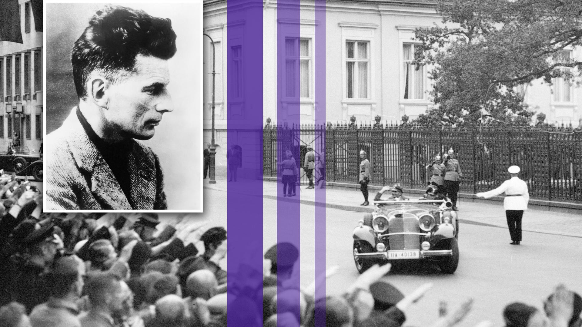 Montage eines Fotos von Samuel Beckett und drei farbiger Streifen über einem Bild von Rudolf Heß auf dem Weg zu den Olympischen Spielen in Berlin. Menschenmassen zeigen ihm zur Begrüßung den Hitlergruß, während er im Auto die Reichskanzlei verlässt. Montage eines Fotos von Samuel Beckett und drei farbiger Streifen über einem Bild von Rudolf Heß auf dem Weg zu den Olympischen Spielen in Berlin. Menschenmassen zeigen ihm zur Begrüßung den Hitlergruß, während er im Auto die Reichskanzlei verlässt.