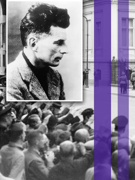 Montage eines Fotos von Samuel Beckett und drei farbiger Streifen über einem Bild von Rudolf Heß auf dem Weg zu den Olympischen Spielen in Berlin. Menschenmassen zeigen ihm zur Begrüßung den Hitlergruß, während er im Auto die Reichskanzlei verlässt. Montage eines Fotos von Samuel Beckett und drei farbiger Streifen über einem Bild von Rudolf Heß auf dem Weg zu den Olympischen Spielen in Berlin. Menschenmassen zeigen ihm zur Begrüßung den Hitlergruß, während er im Auto die Reichskanzlei verlässt.