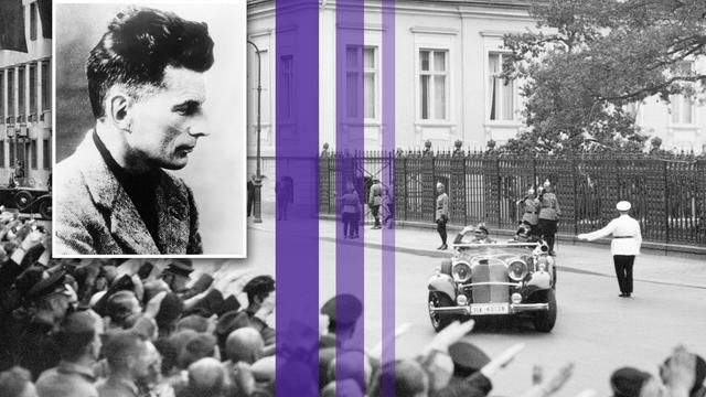 Montage eines Fotos von Samuel Beckett und drei farbiger Streifen über einem Bild von Rudolf Heß auf dem Weg zu den Olympischen Spielen in Berlin. Menschenmassen zeigen ihm zur Begrüßung den Hitlergruß, während er im Auto die Reichskanzlei verlässt.