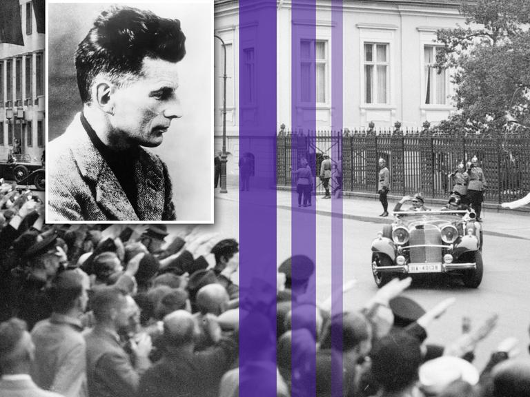 Montage eines Fotos von Samuel Beckett und drei farbiger Streifen über einem Bild von Rudolf Heß auf dem Weg zu den Olympischen Spielen in Berlin. Menschenmassen zeigen ihm zur Begrüßung den Hitlergruß, während er im Auto die Reichskanzlei verlässt. Montage eines Fotos von Samuel Beckett und drei farbiger Streifen über einem Bild von Rudolf Heß auf dem Weg zu den Olympischen Spielen in Berlin. Menschenmassen zeigen ihm zur Begrüßung den Hitlergruß, während er im Auto die Reichskanzlei verlässt.