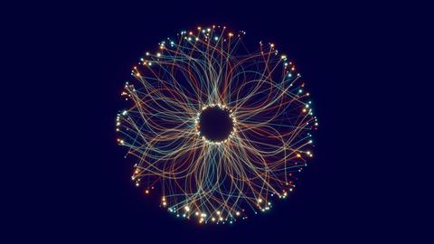 Illustration von Lichtfaden, die so angelegt sind, dass sie die Form einer menschlichen Iris ergeben. Illustration von Lichtfaden, die so angelegt sind, dass sie die Form einer menschlichen Iris ergeben.