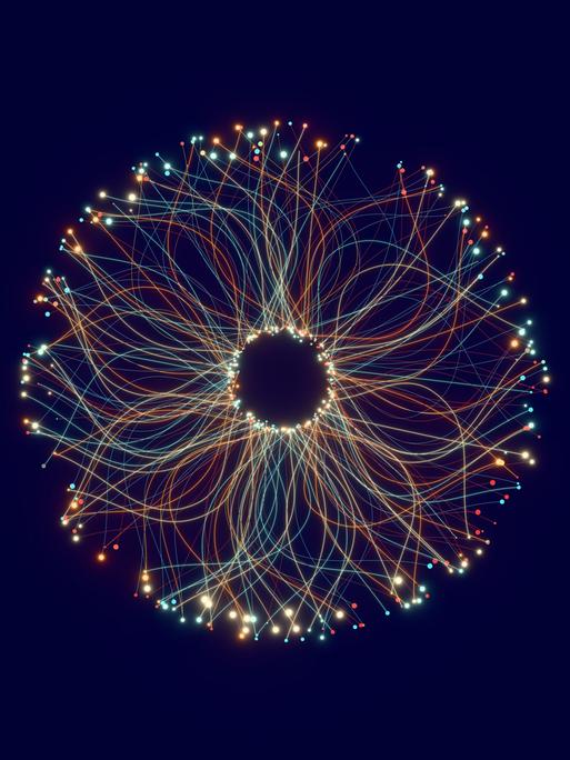 Illustration von Lichtfaden, die so angelegt sind, dass sie die Form einer menschlichen Iris ergeben.