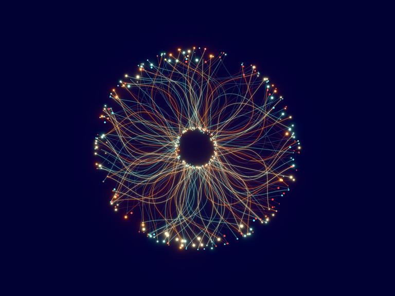Illustration von Lichtfaden, die so angelegt sind, dass sie die Form einer menschlichen Iris ergeben.