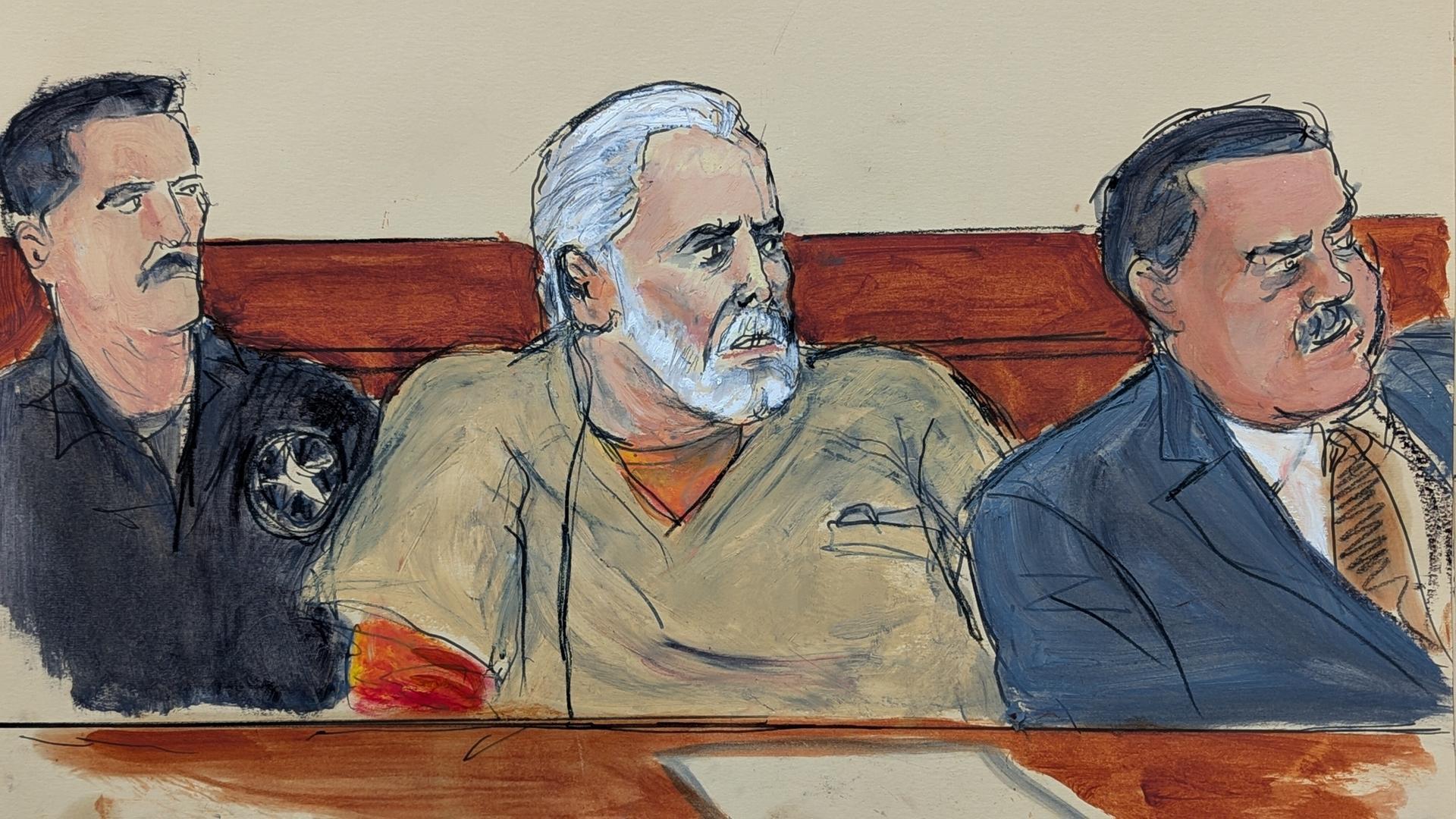 Ismael "El Mayo" Zambada, hier dargestellt von einem Gerichtszeichner, bei seinem Prozess in New York. Ismael "El Mayo" Zambada, hier dargestellt von einem Gerichtszeichner, bei seinem Prozess in New York.