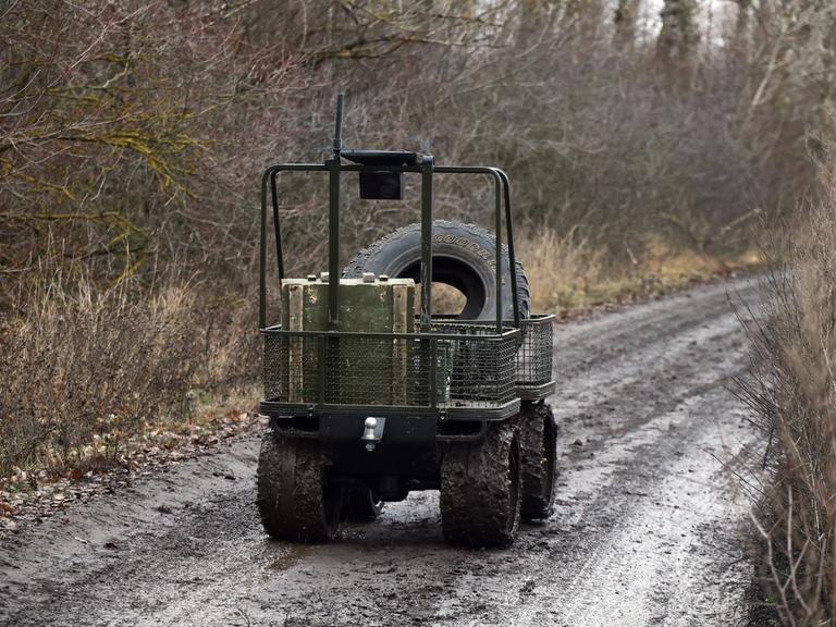 Ein Bodenroboter in Form eines kleinen Wagens auf vier Gummirädern fährt über einen Weg und transportiert einen Reifen und eine Holzkiste. Am Griff des Wagens befindet sich eine Steuerung.